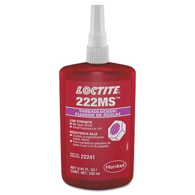 222MS Threadlocker, Low Strength/Small Screw, 250 mL, 1/4 in dia or Smaller, Purple