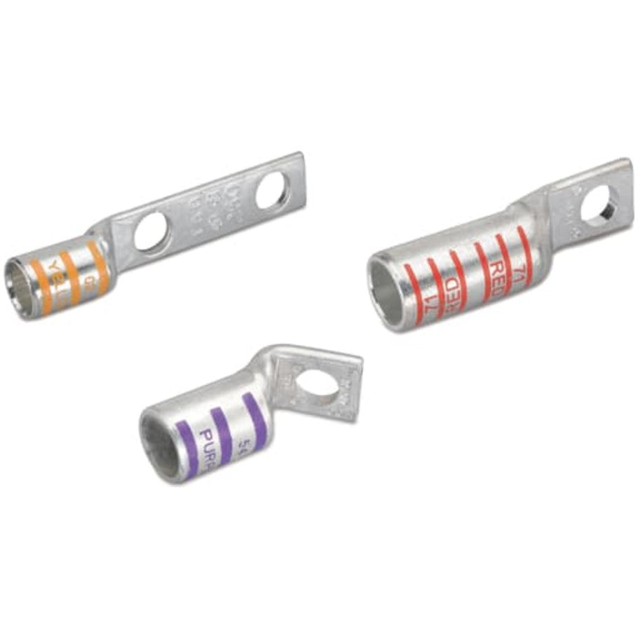 Copper One-Hole Lug, Standard Barrel Narrow Tongue, Max 35kV, Wire Size 2/0 AWG, 1/4 Inch Bolt Size, Die Color Code Black