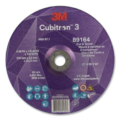 3M 638060-89164 Cubitron 3 Cut and Grind Wheel, 9 in dia x 1/8 in Thick x 7/8 in Arbor, 36+ Grit, T27