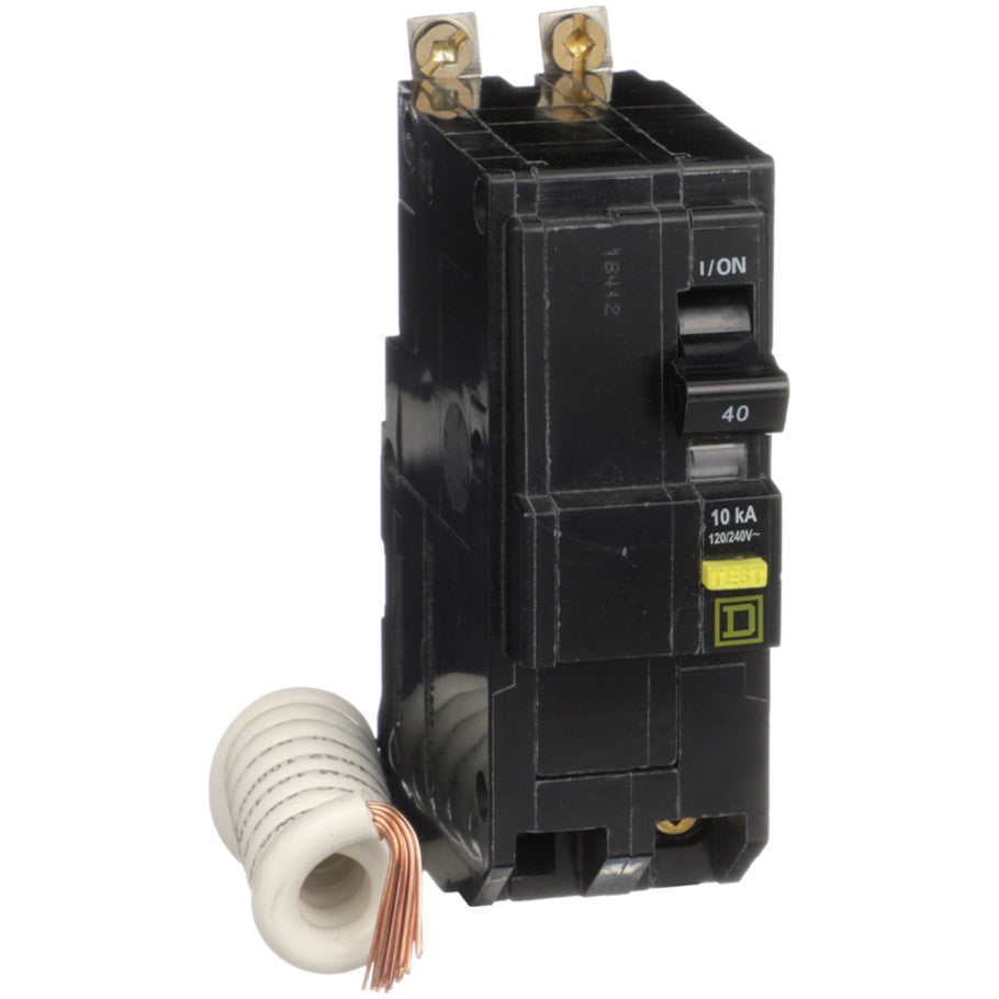 Mini circuit breaker, QO, 40A, 2 pole, 120/240VAC, 10kA, bolt on, 6mA grd fault A, pigtail  TAA