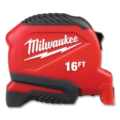 Compact Tape Measure, 16 ft, SAE, Single-Sided, Steel, Red/Black