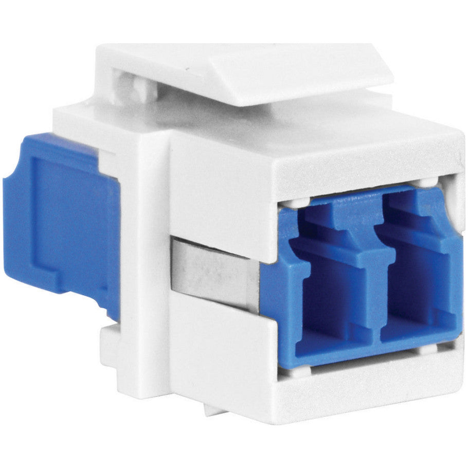 Keystone Fiber Adapter, Zirconia Ceramic Sleeve, Blue/White, LC Duplex Connector, 0.7 H x 3.4 W x 7.8 D in., Flush Mount