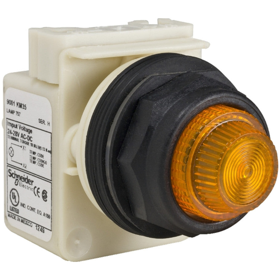 Harmony 9001SK Series LED Pilot Light, 28V, 30 mm Dia., Fresnel Plastic Lens, Yellow/Amber, 2.8 H x 2.1 W x 1.7 D in.