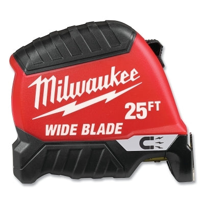 Wide Blade Tape Measure, 25 ft, SAE, Magnetic, Red/Black
