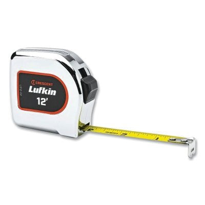 Chrome Power Tape Measure, 1/2 in W, 12 ft L, Chrome Case, Yellow Clad