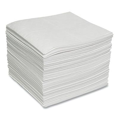 Sorbent Pads and Rolls, 18 in L x 16 in W, Oil Only, Light, Single-Ply, White, Pads