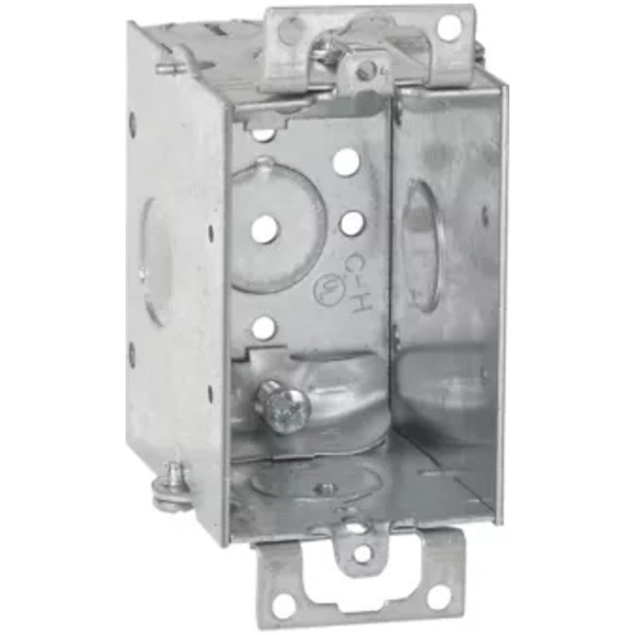 Steel Switch Box, 3x2, Gangable, NM Cable, 2-1/2 in.D, (4)Side Cable Clamps   (2)1/2 in. KO, (1)1/2 in. Bottom KO, Mounting Ears