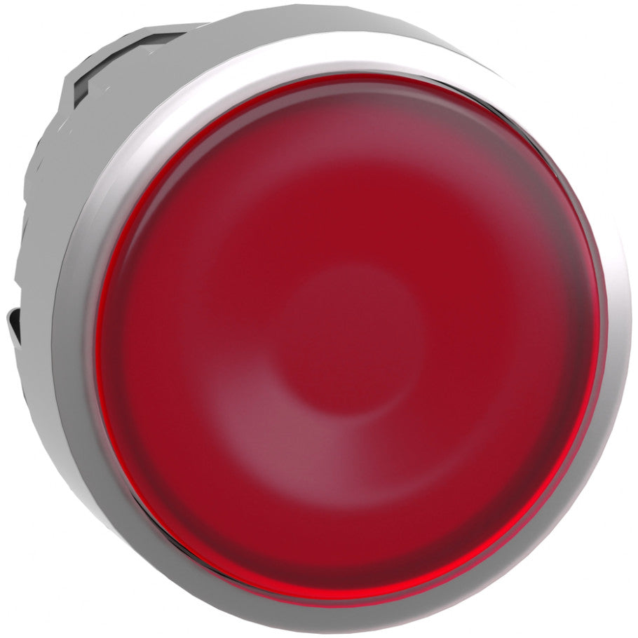 Head for illuminated push button, Harmony XB4, metal, red flush, 22mm, universal LED, spring return, plan lens, unmarked