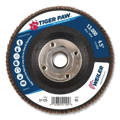 Tiger Paw Coated Abrasive Flap Disc, 4-1/2 in dia, 60 grit, 5/8 in - 11 arbor, 13000 RPM, Vending