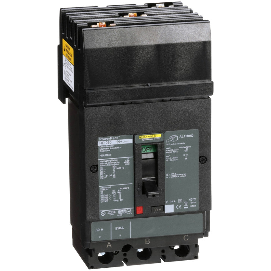 Circuit breaker, PowerPacT H, 30A, 3 pole, 600VAC, 14kA, I-Line, thermal magnetic, 80 , ABC