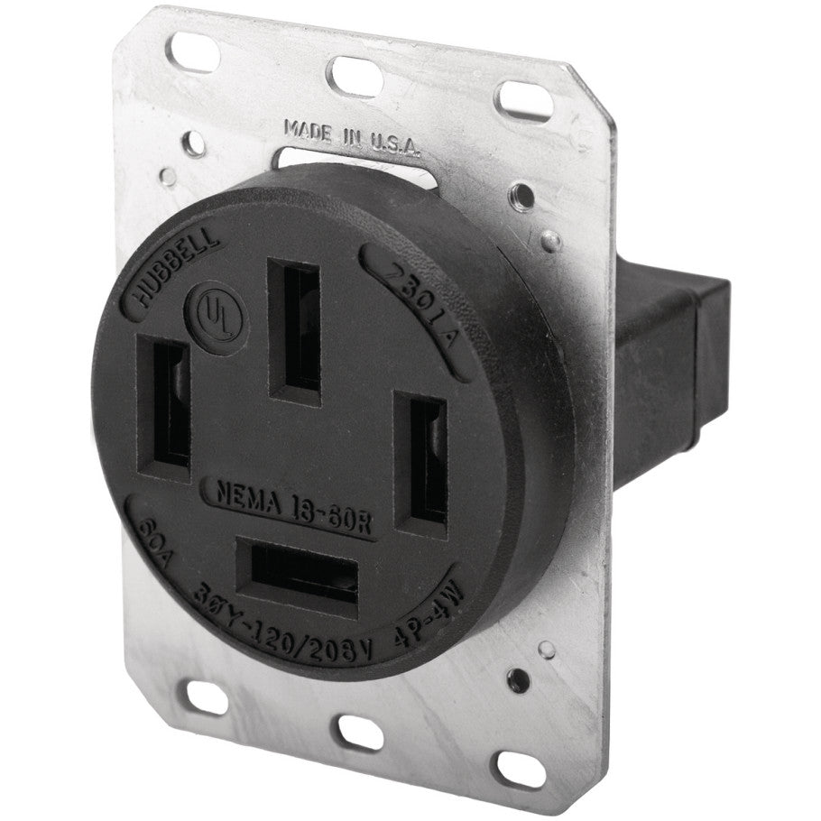 RTP 60A 3-Phase Y 120/208V 4P4W NEMA 18-60R Non-Grounding Straight Blade Single Receptacle, Black