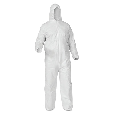 A35 Economy Liquid and Particle Protection Coveralls, Zipper Front/Elastic Wrists/Ankles/Hood, White, Med