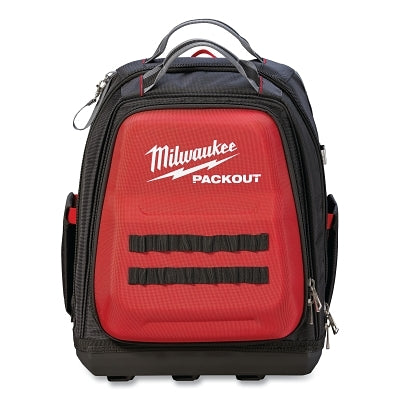 PACKOUT Backpack, 1680D Ballistic Material, 48 Pockets, Black/Red, Includes Jab Saw Pkt/Sternum Strap/Tape Measure Clip
