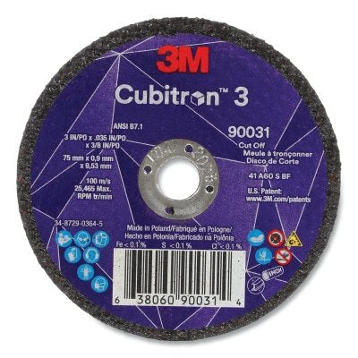 3M 638060-90031 Cubitron 3 Cut-Off Wheel, 3 in dia x 0.035 in Thick x 3/8 in Arbor, 60+ Grit, T1