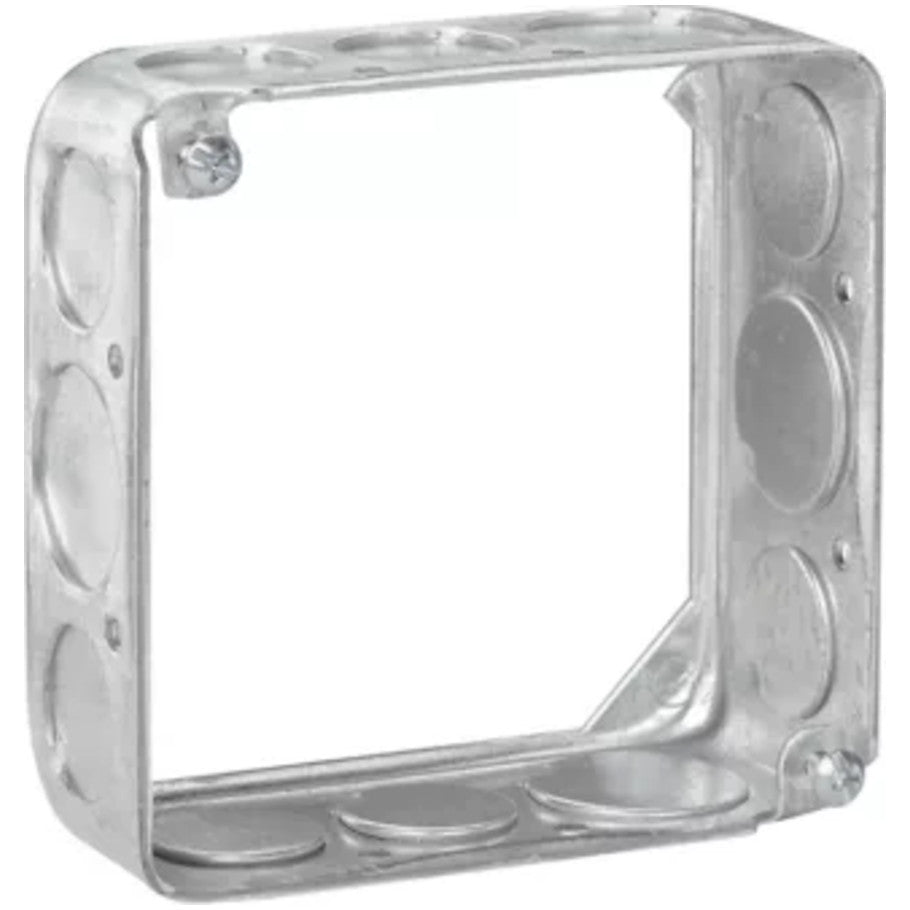 4 in. Square Box Extension Ring, Steel, 1-1/2 in. Deep, (8) 1/2 in. and (4) 3/4 in. Side Knockouts