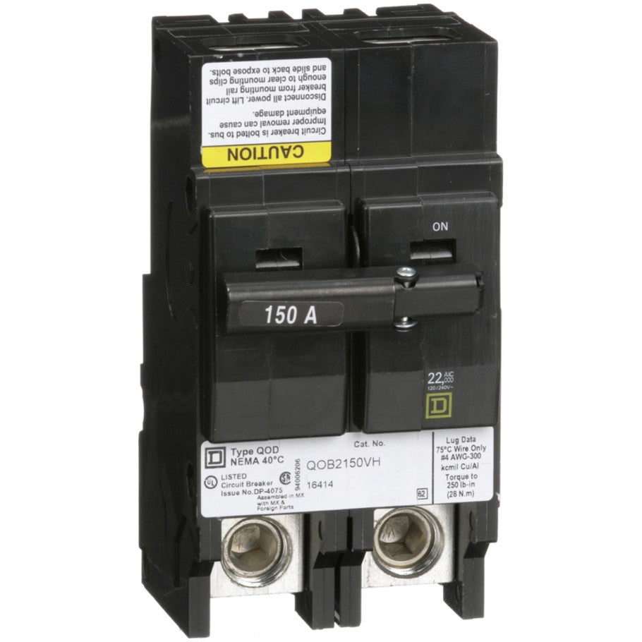 QOB Miniature Circuit Breaker, High Interrupting Capacity, Bolt On, 2 Pole, 150A, 120/240 Vac, 22kA