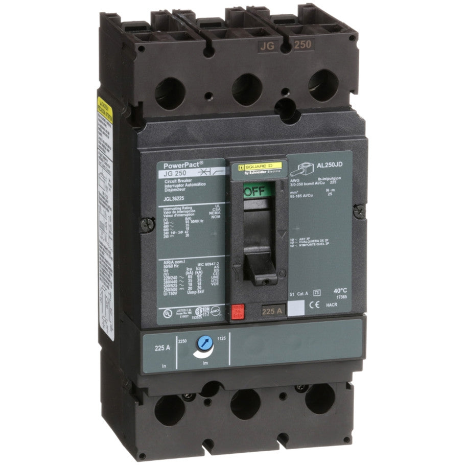 PowerPact Molded Case Circuit Breaker, J-Frame, Thermal Magnetic, Unit Mount, 18kA, 600 Vac/250 Vdc, 3-Pole, 225A