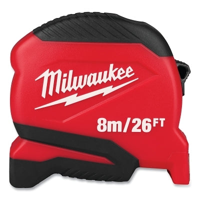 Compact Tape Measure, 8 m/26 ft, Metric/SAE, Single-Sided, Steel, Red/Black