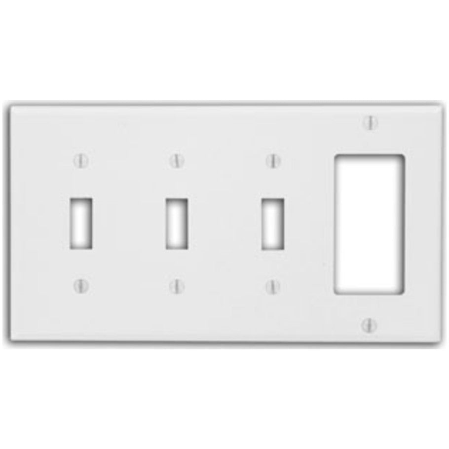 Wall Plate, 4-Gang, (3) Toggle Switch (1) Decora/GFCI Device, Thermoset, White