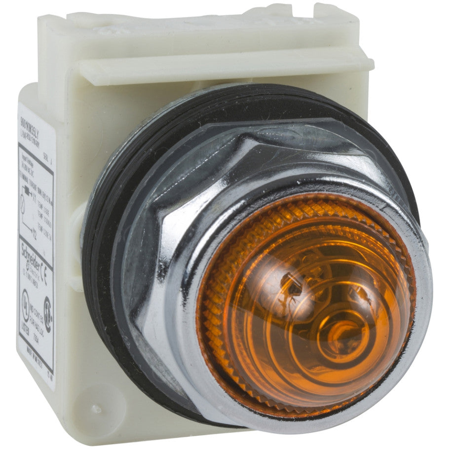 Harmony 9001K Series LED Pilot Light, 30 mm Dia., 28V, Domed Plastic Lens, Yellow/Amber, 2.8 H x 2.1 W x 1.7 D in.