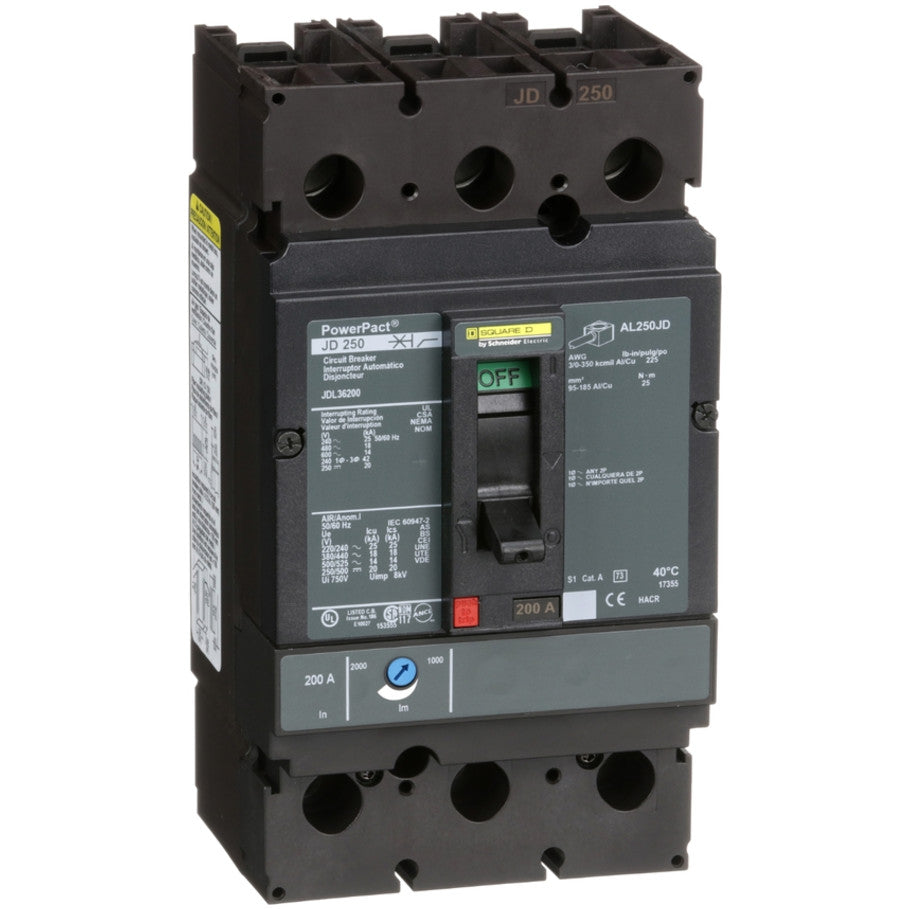 PowerPact Molded Case Circuit Breaker, J-Frame, Thermal Magnetic, Unit Mount, 14kA, 600 Vac/250 Vdc, 3-Pole, 200A