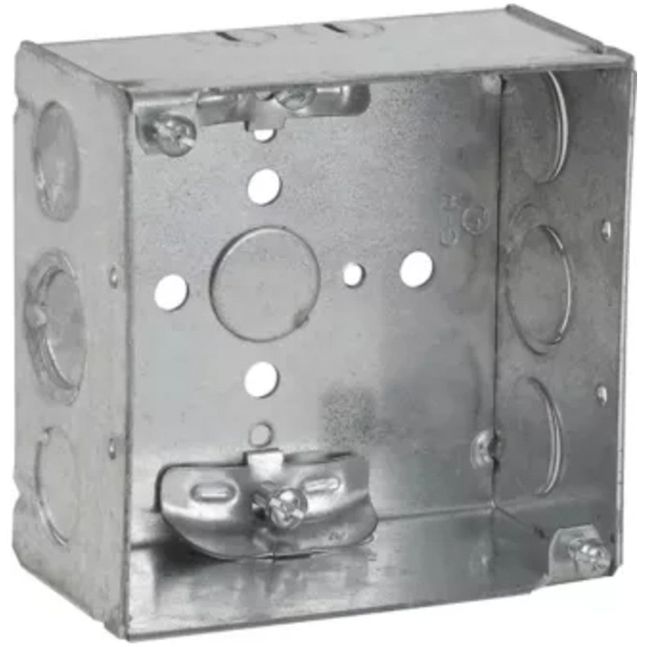 4 Square Box, Steel, Welded, 2-1/8 in. D, (4) Cable Clamps, (4) 1/2   (2) 1/2 3/4 in. E Side KO, (1) 1/2 in. Bottom KO
