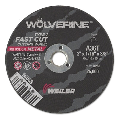 Wolverine Cut-Off Wheel, Type 1, AO, 3 in dia x 3/8 in AH x 1/16 in Thick, 36T, 1 EA/EA
