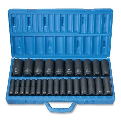 Impact Socket Set, 1/2 in Dr, Metric, 6-point, 10 mm to 36 mm, 26-Pc Deep Length Master