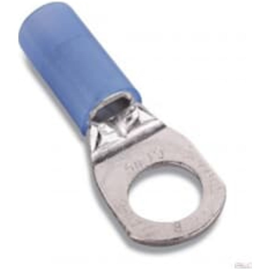 Nylon Insulated Large Ring Terminal, Length 1.76 Inches, Width .61 Inches, Bolt Hole 5/16 Inch, Wire Range 6, Color Blue