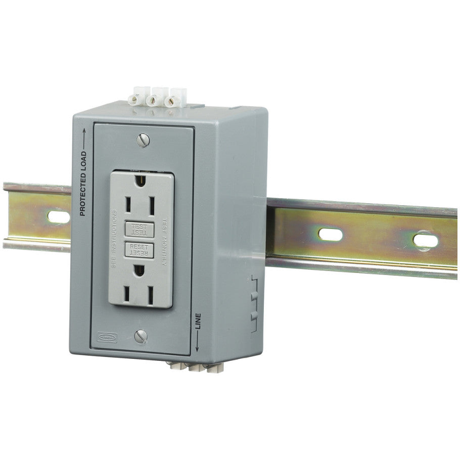 DIN Rail Utility Box, Complete Unit- GFCI with Aux Contact, 1) 15A Gray