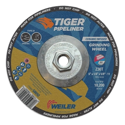 Tiger Pipeliner Grinding Wheel, 6 in dia X 1/8 in Thick x 5/8 in-11 Hub, Z30T, Type 27