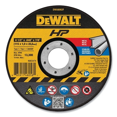 High Performance Cutting Wheel, Type 1, 4-1/2 in dia x 0.040 in Thick x 7/8 in Arbor, 60 Grit, Aluminum Oxide