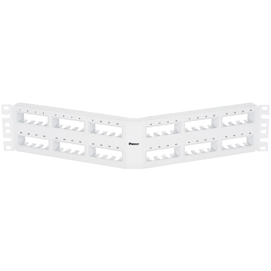 PanNet Patch Panel, Cold Rolled Steel, 48-Port, 2 RU, Angled, Flush Mount, Unshielded, White, 3.47 H x 19 W x 0.79 D in.