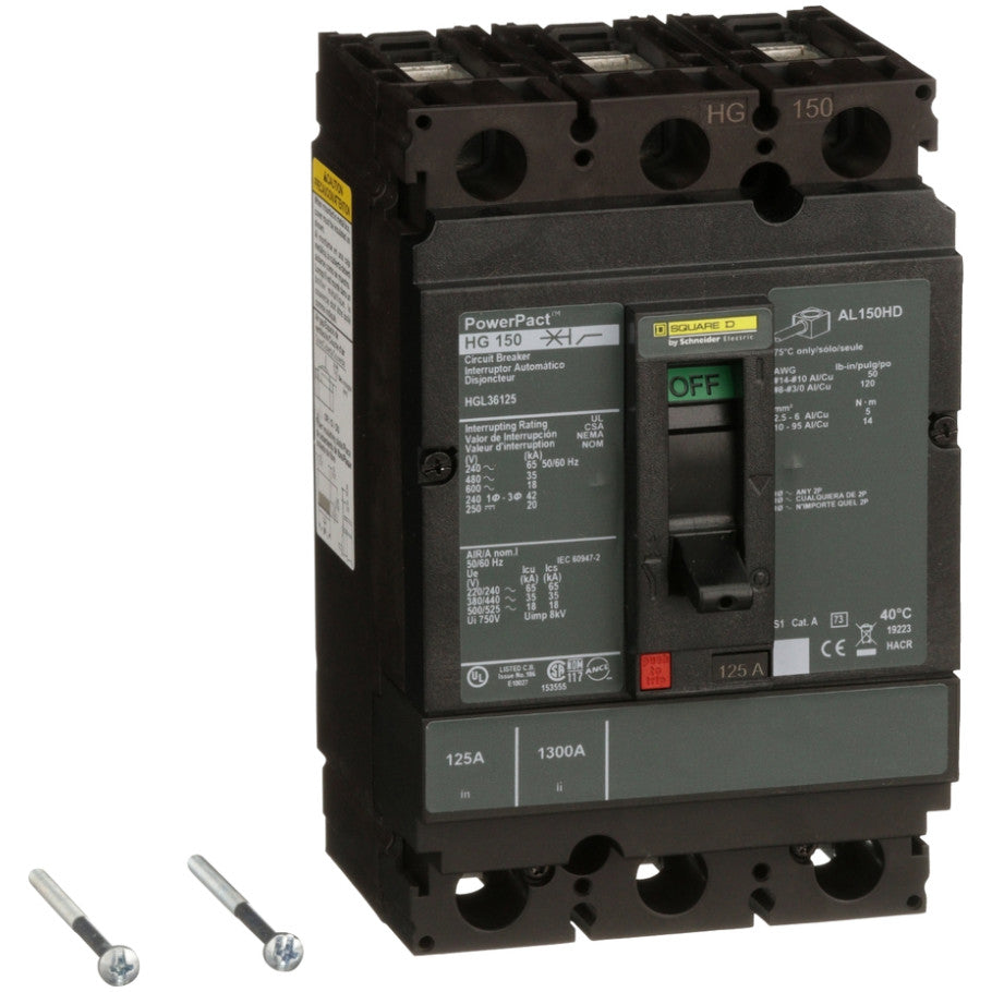 PowerPact Molded Case Circuit Breaker, H-Frame, Unit Mount, 18 kA, 600V, 3-Pole, 125A