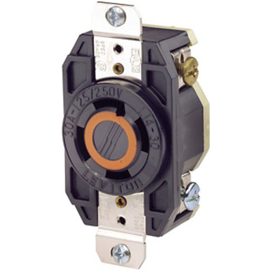 Black and White V-O-MAX Flush Locking Receptacle, 30A, 3-Phase, 125V, 3P4W, Nylon, Single