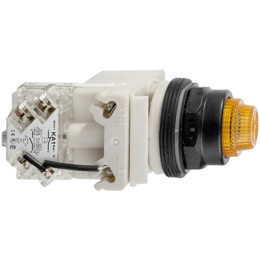 Pushbutton and Selector Switch Accessories, BA 9s Base, IP66, Amber (Operator), Screw Clamp Terminal, 1NO, Metal (Bezel)
