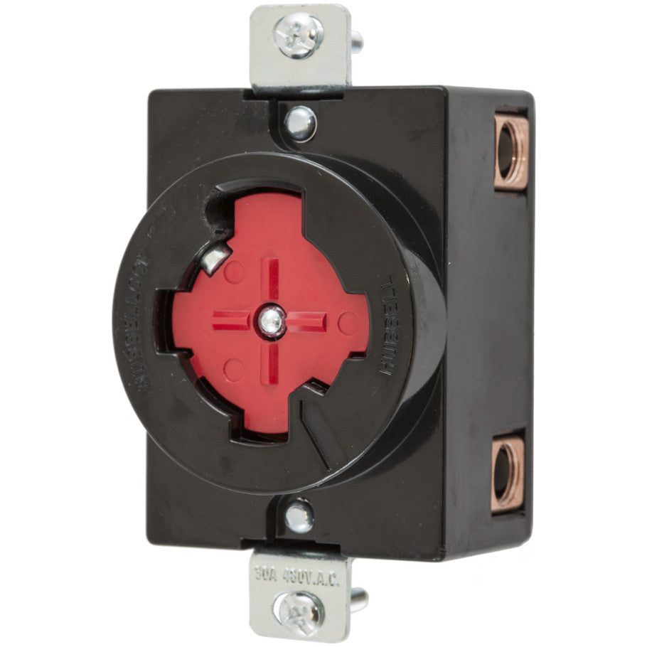 Hubbellock Receptacle, 30A, 480V, 3P4W, Spring-Loaded Safety Shutter, Black Phenolic Housing, Red Center Insert