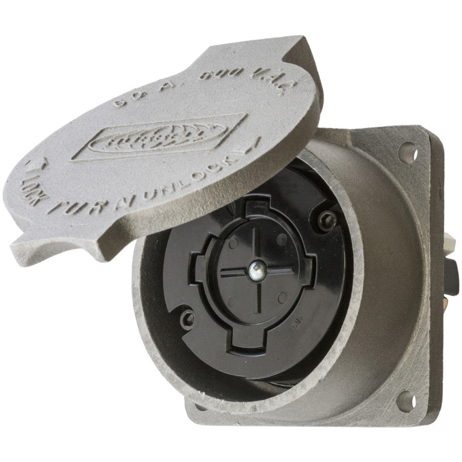 Hubbellock Receptacle With Short Aluminum Housing, Lift Cover and Black Phenolic Interior
