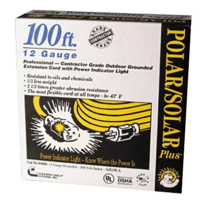 Polar/Solar Extension Cord, 100 ft, 1 Outlet, Yellow