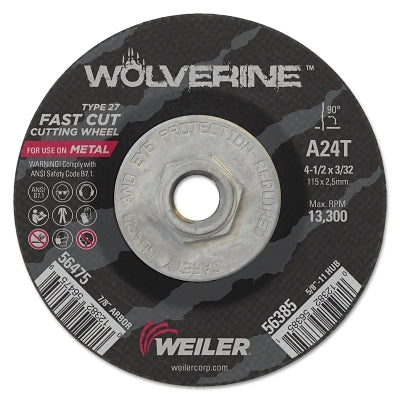 Wolverine Cutting Wheel, A24T, 4-1/2 in dia, 3/32 in Thick, 5/8 in in-11 UNC AH, 24 Grit, Type 27