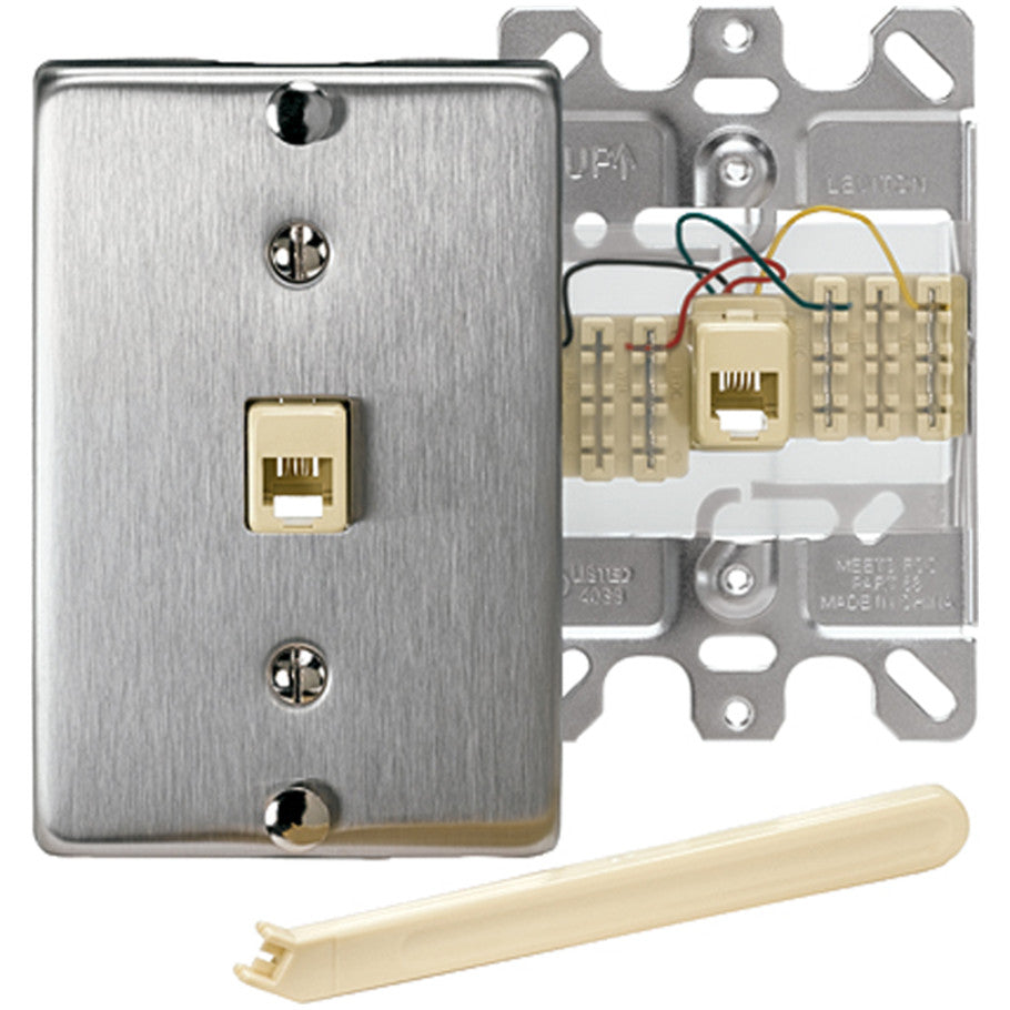 Type 630A Quick-Connect Wall Phone Jack With Stainless Steel Faceplate, 6P4C