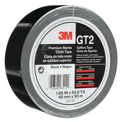 3M 076308-98514 GT2 Matte Cloth Gaffers Tape, 1.88 in x 54.68 yd, 11 mil, Black