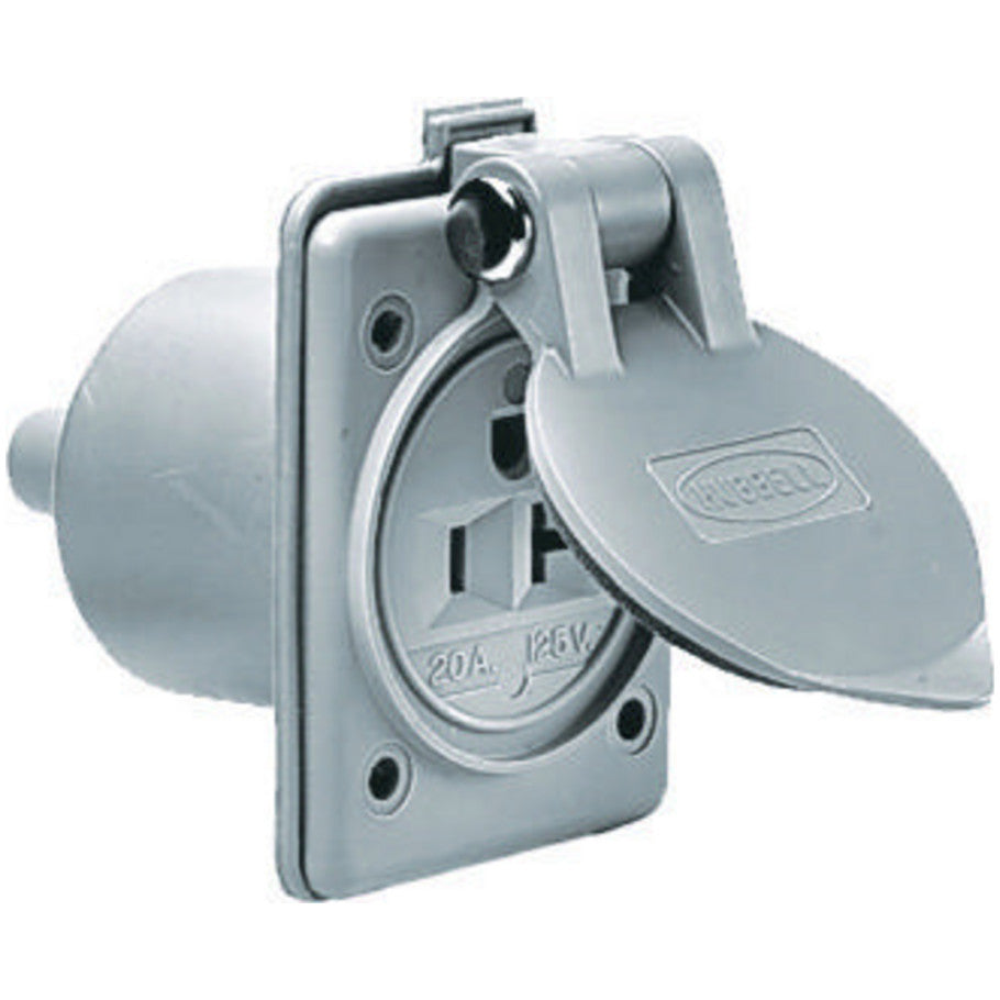 Marine Panel-Mount 20A 125V 2P3W Straight Blade Single Receptacle With Gasketed Spring-Loaded Lift Cover, Gray