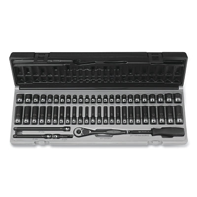 Duo-Socket Impact Socket Set, 1/4 in Dr, 12-pt, Deep/Std, Incl (20) SAE/(28) Metric SKTs/Ratchet/Exts/Spinner/Case, 53 Pc