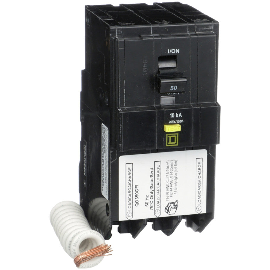 Mini circuit breaker, QO, 50A, 3 pole, 208Y/120VAC, 10kA, plug in, 6mA grd fault A, pigtail  TAA