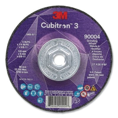 3M 638060-90004 Cubitron 3 Depressed Center Grinding Wheel, 5 in dia x 1/4 in Thick x 5/8 in-11 Arbor, 36+ Grit, T27