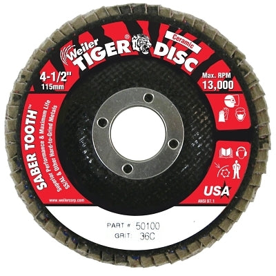 Saber Tooth Ceramic Flap Discs, 4 1/2 in, 36 Grit, 7/8 in Arbor, 13,000 rpm