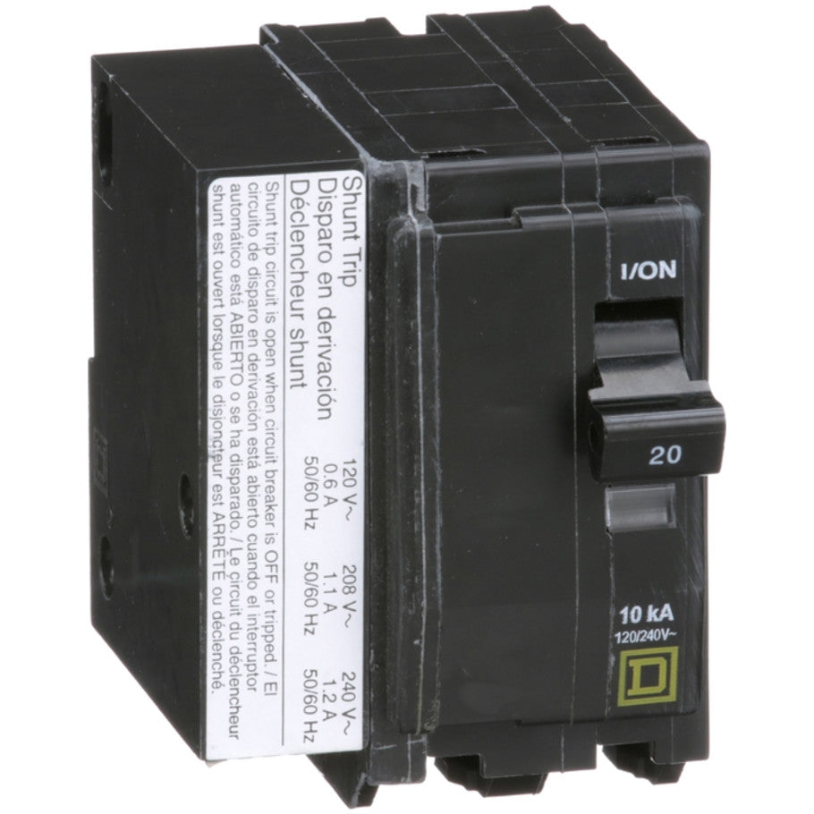 QO Miniature Circuit Breaker, Plug-In, Shunt Trip, 10kA, 120/240 Vac, 2-Pole, 20A