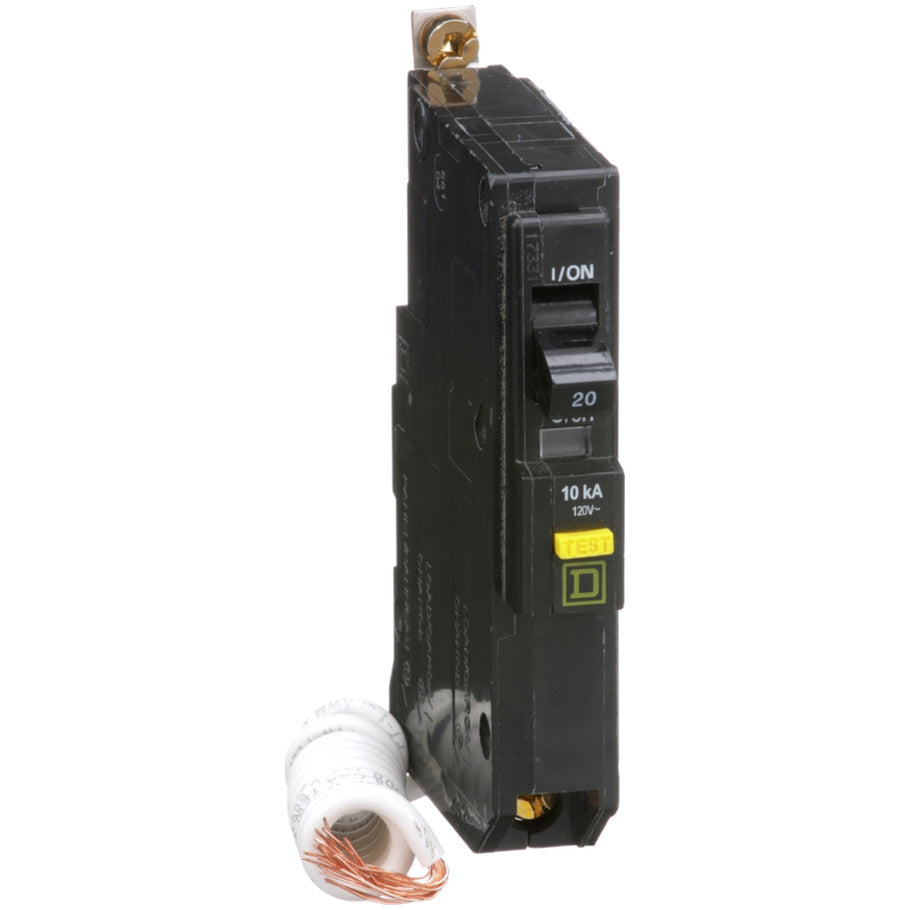 Mini circuit breaker, QO, 20A, 1 pole, 120VAC, 10kA, bolt on, 6mA grd fault A, pigtail  TAA