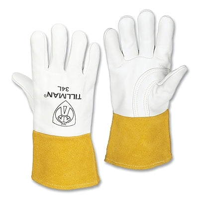 MIG Welding Gloves, 34, Top Gr Cowhide Palm/BOH/Split CH Cuff, Lg, Pearl/Bourbon Brn, 4 in Str Cuff